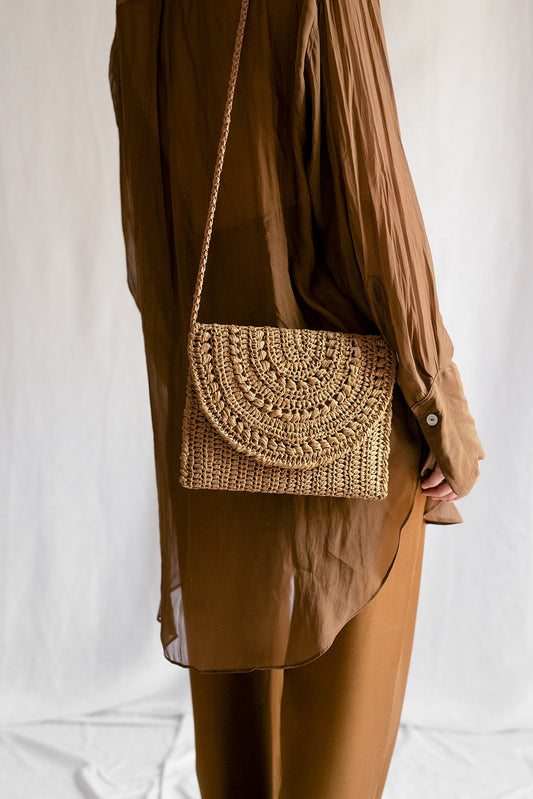 Crochet Raffia Clutch in Tan, Straw Summer Bag, Raffia Clutch Handbag, Tan Crochet Summer Bag, Crochet Straw Clutch — Marigold Bag